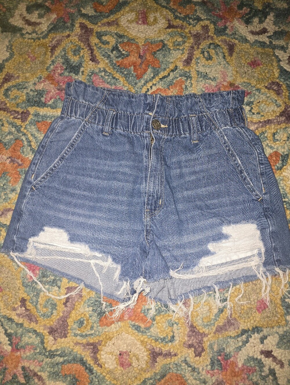 American Eagle Outfitters Blue Distressed Paperbag Waist Denim Shorts